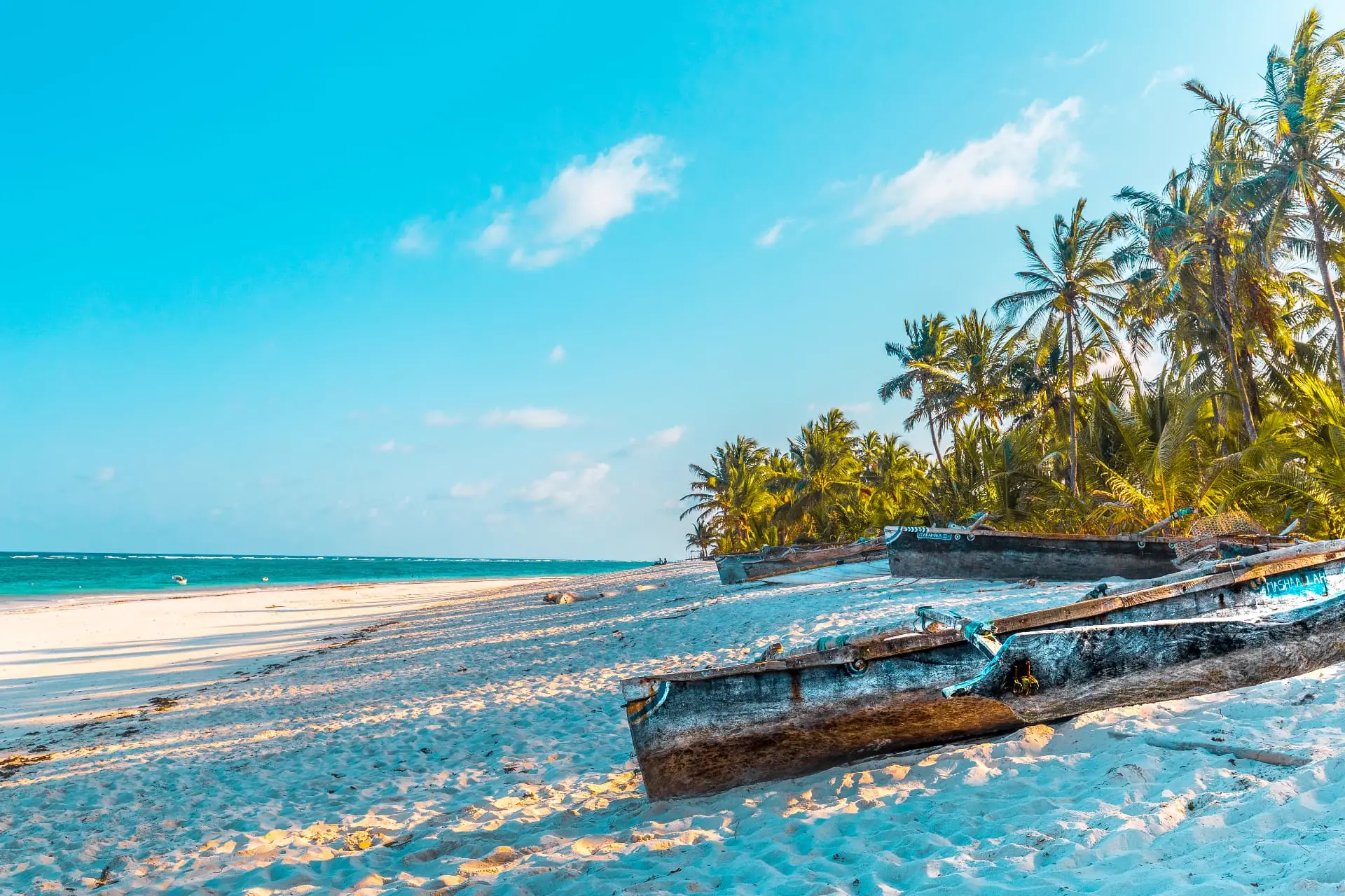Dhows vor dem palmengesäumten Strand von Diani an der Küste Kenias