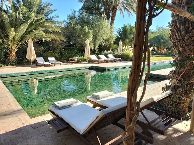 Pool der Dar Ahlam in Skoura mit Liegen, Palmen und Blick auf die Oasenlandschaft, Marokko