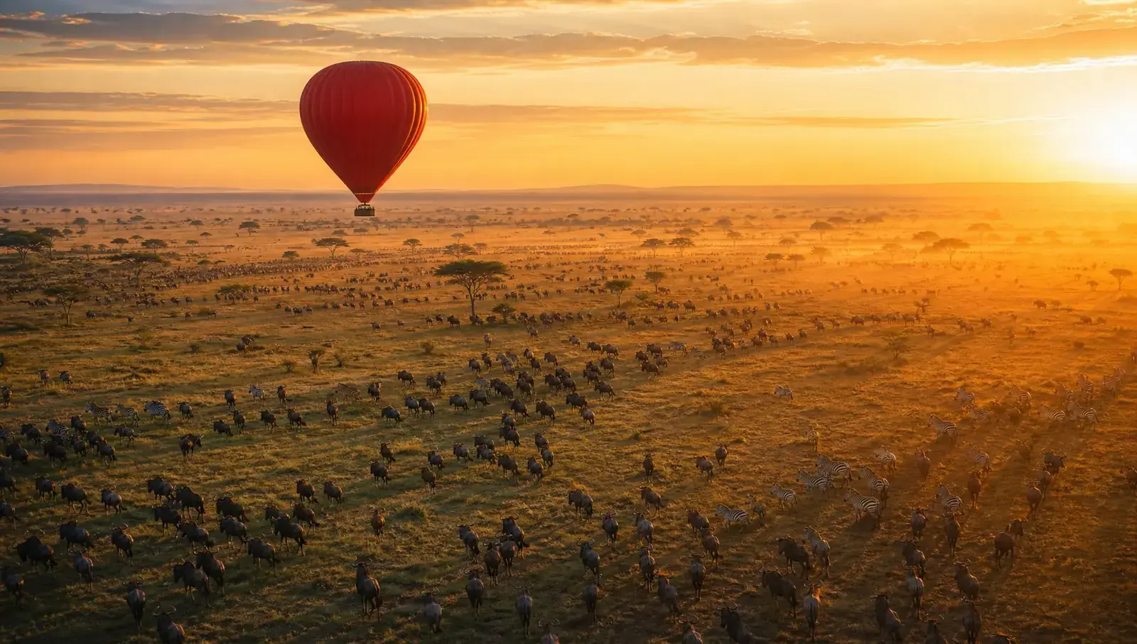 Gnu-Herden auf den grünen Kurzgras-Ebenen der südlichen Serengeti zur Kalbezeit, Tansania