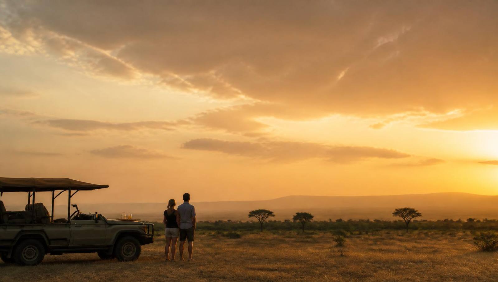 Paar steht am Abend neben einem offenen Safarifahrzeug und blickt über die weite Savanne Afrikas beim Sundowner